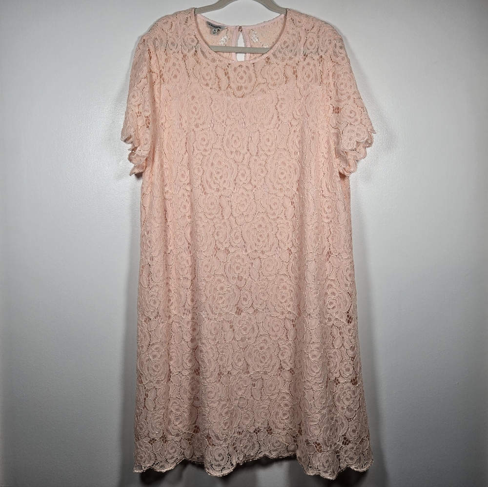 J. Peterman Light Pink Scallop Lace Overlay Swing Shift Midi Dress Size XL